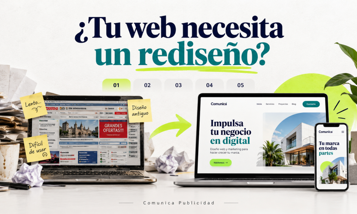 Cinco señales de que tu página web necesita un rediseño: comparación de una web antigua y una moderna.