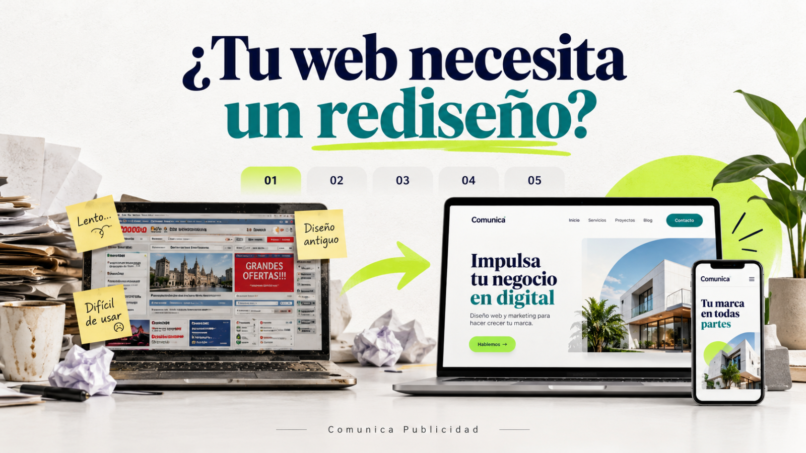 Cinco señales de que tu página web necesita un rediseño: comparación de una web antigua y una moderna.