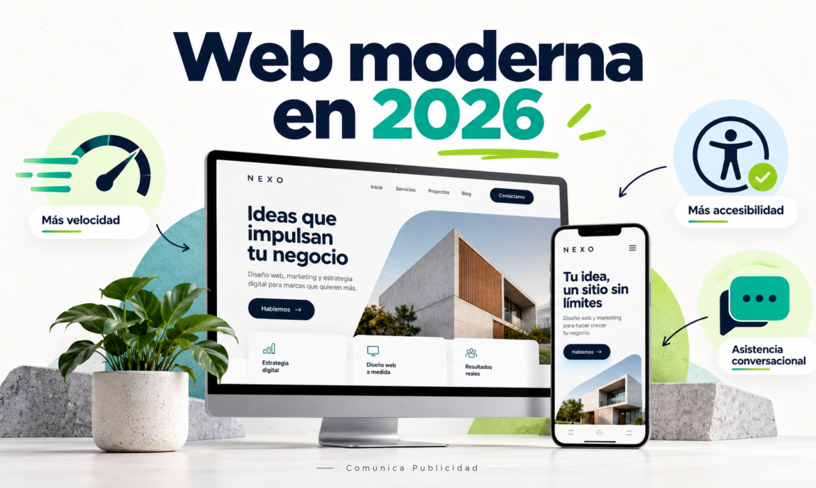 Web moderna en 2026: diseño adaptable al celular, velocidad, accesibilidad y asistencia conversacional.