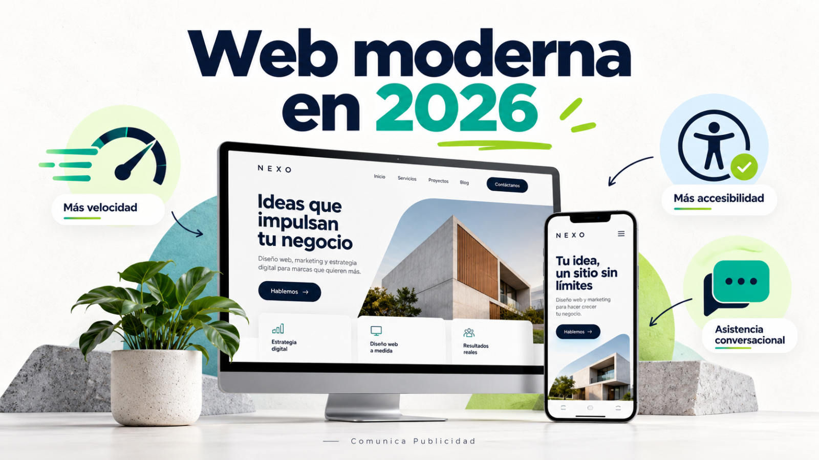 Web moderna en 2026: diseño adaptable al celular, velocidad, accesibilidad y asistencia conversacional.