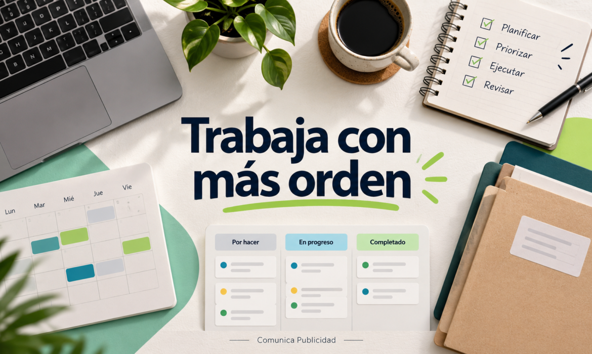 Trabaja con más orden: calendario, lista de tareas y tablero de productividad sobre un escritorio.