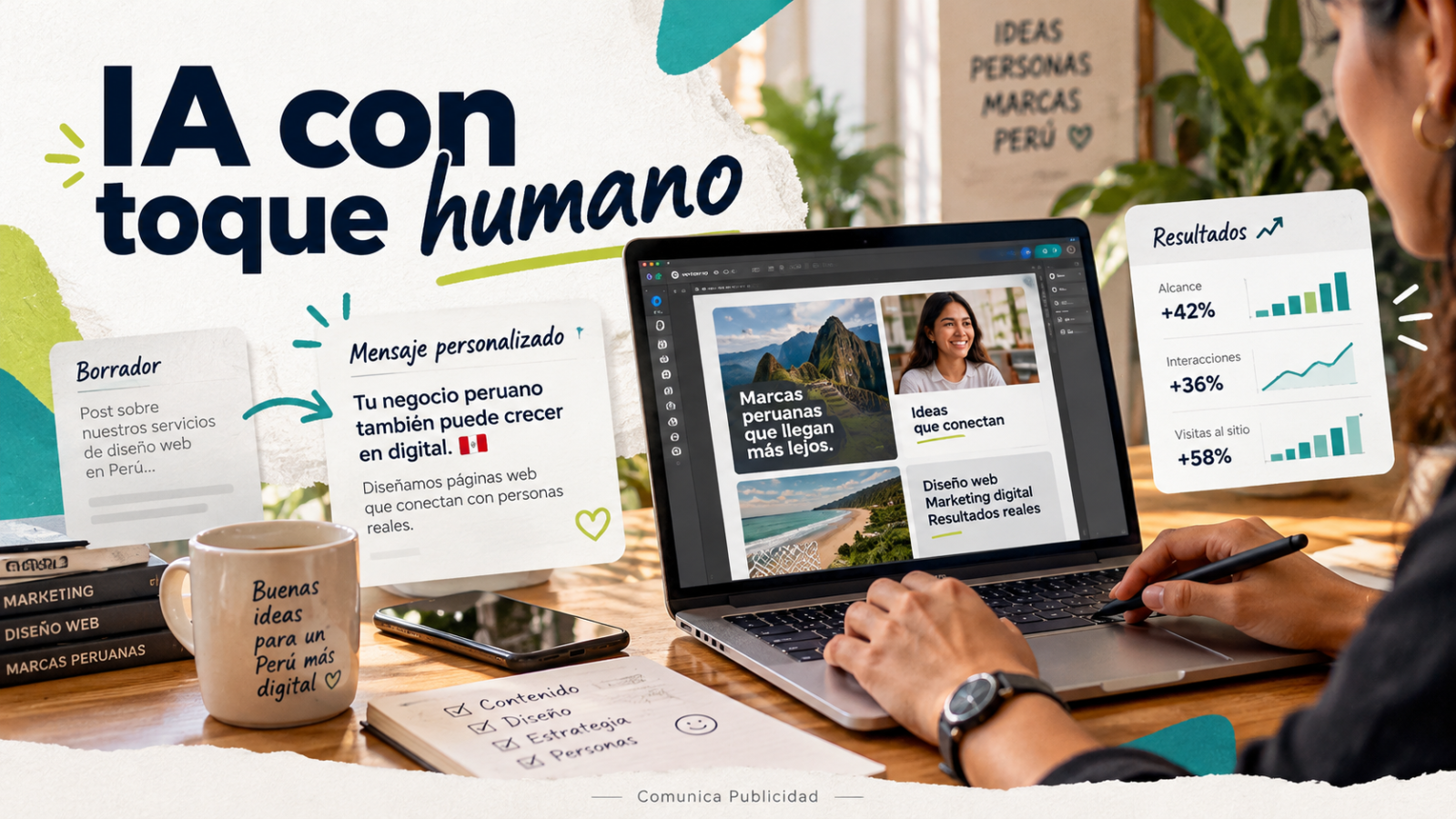 IA con toque humano: creación de contenido y análisis de marketing con criterio humano.