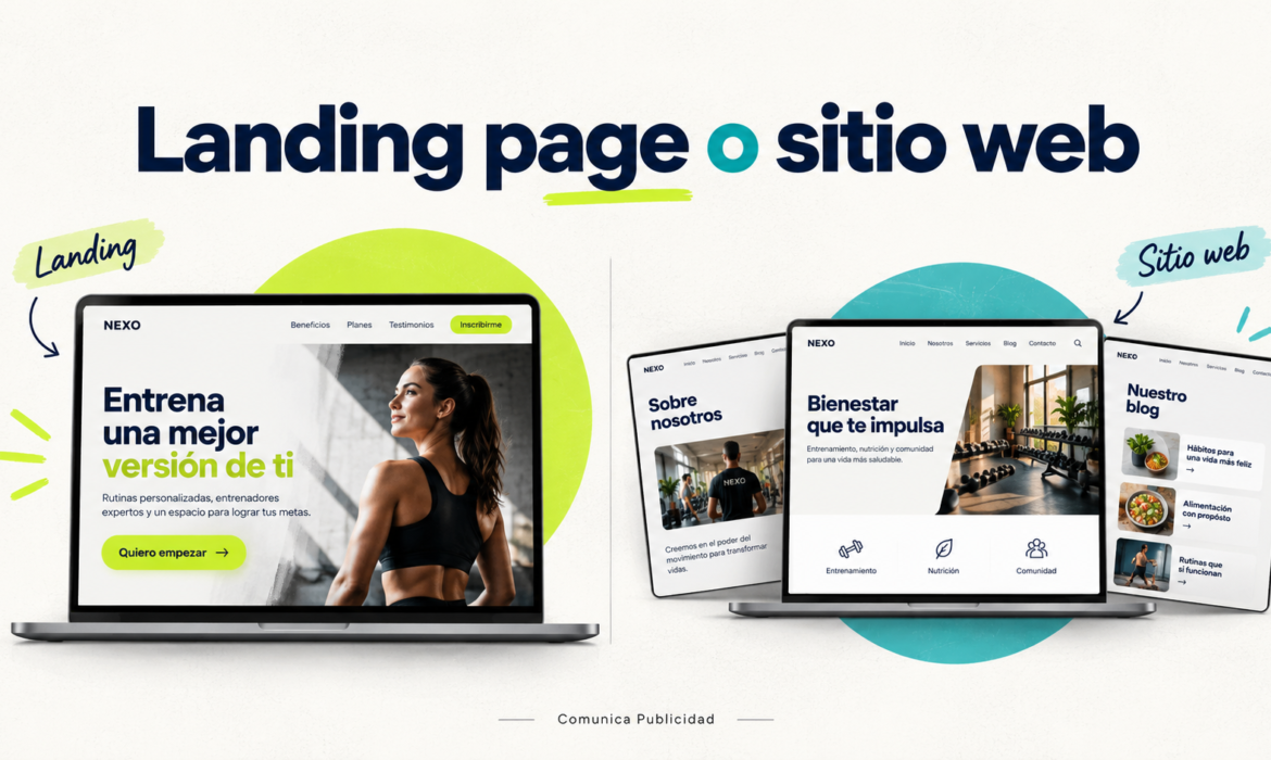 Landing page o sitio web: una página enfocada en una acción frente a un sitio con varias páginas.