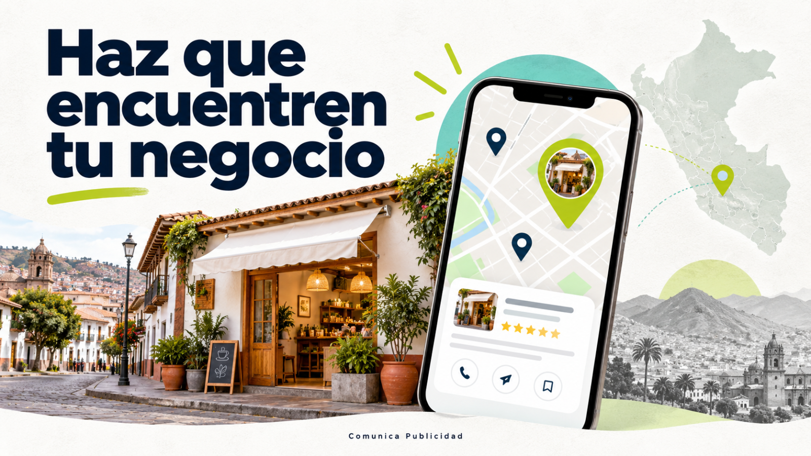 SEO local en Perú: un negocio visible en un mapa del celular con ubicación y reseñas.