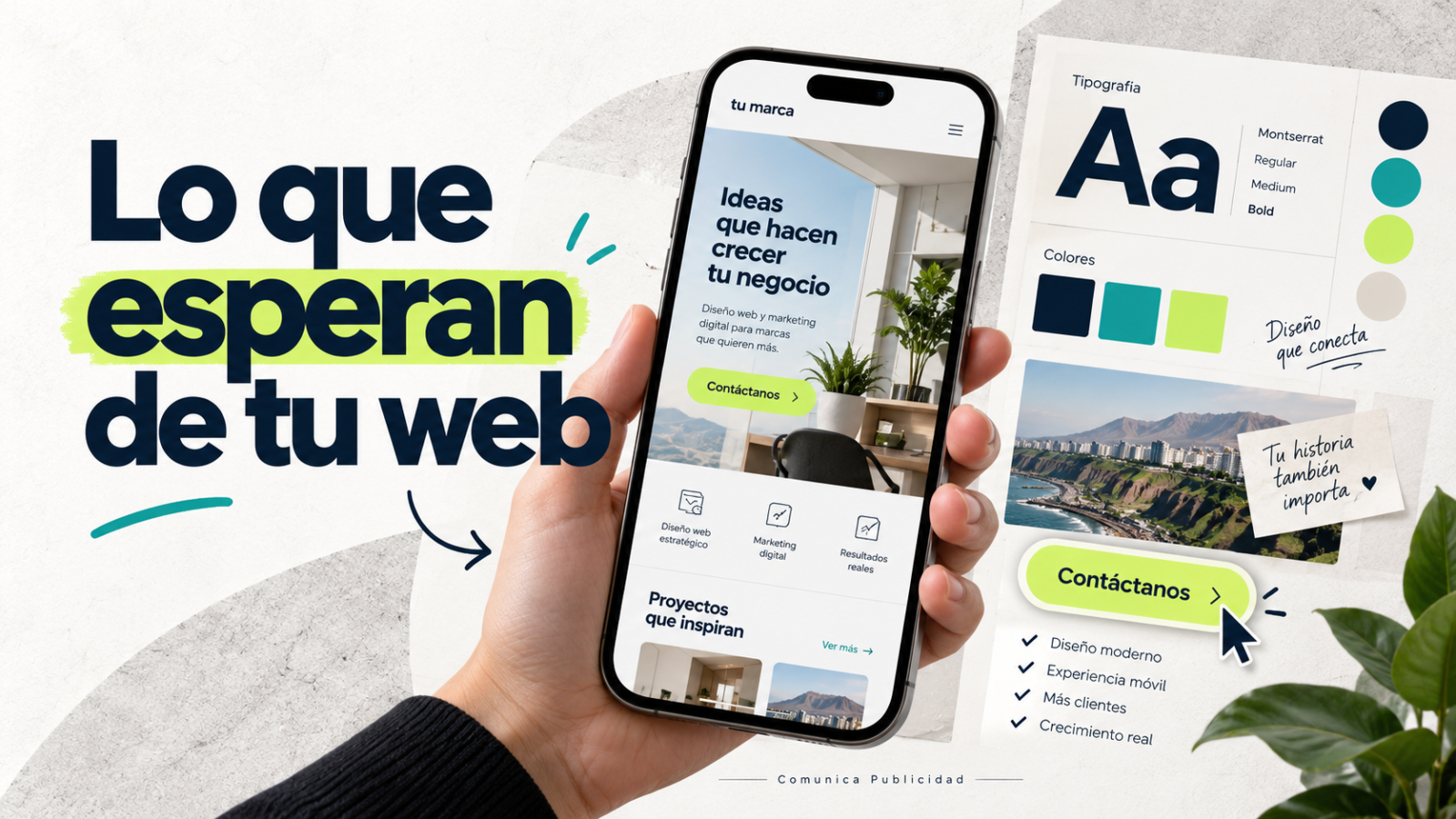 Lo que esperan de tu web: diseño adaptable al celular, tipografía clara y botones de contacto.
