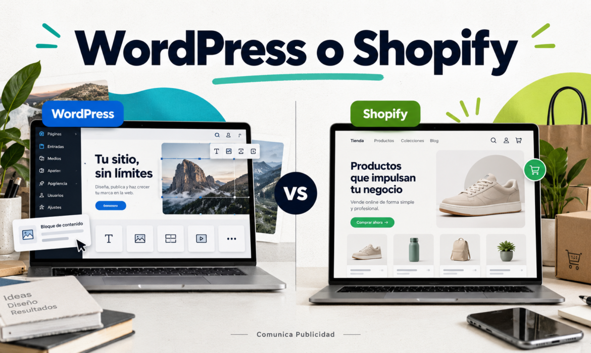 WordPress o Shopify: comparación visual entre un sitio personalizable y una tienda virtual.