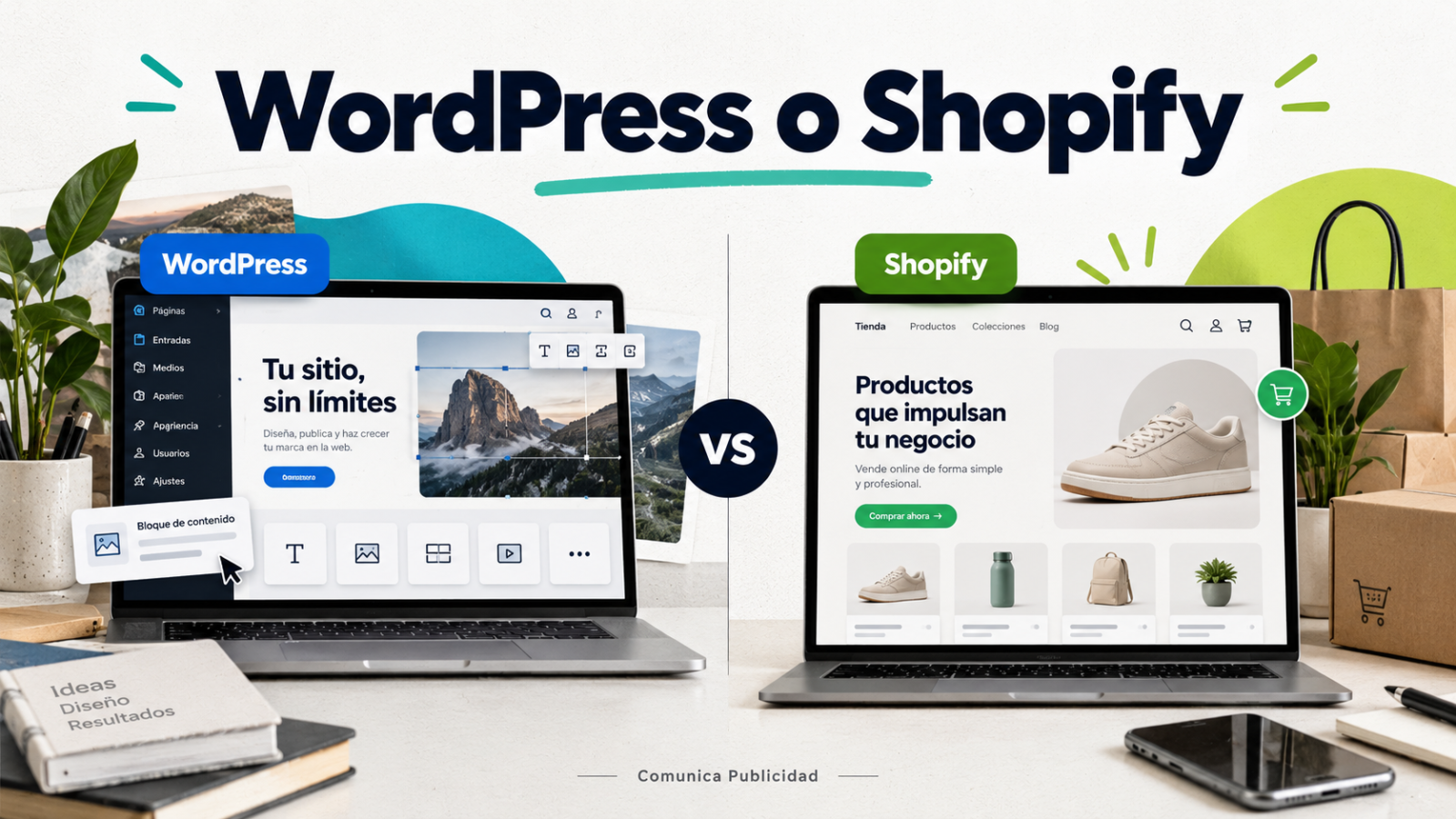 WordPress o Shopify: comparación visual entre un sitio personalizable y una tienda virtual.